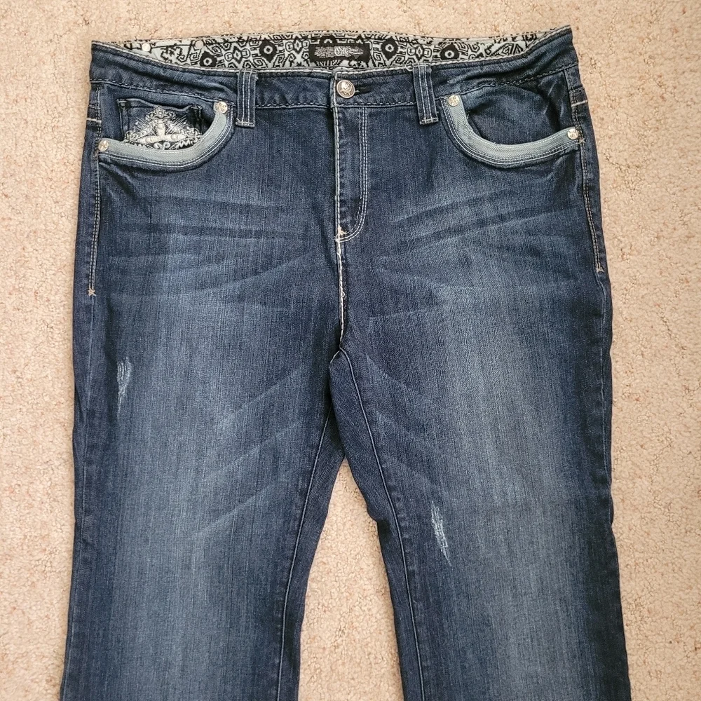Cello Embroidered Pocket Bootcut Raw Hem Jeans Dark Wash